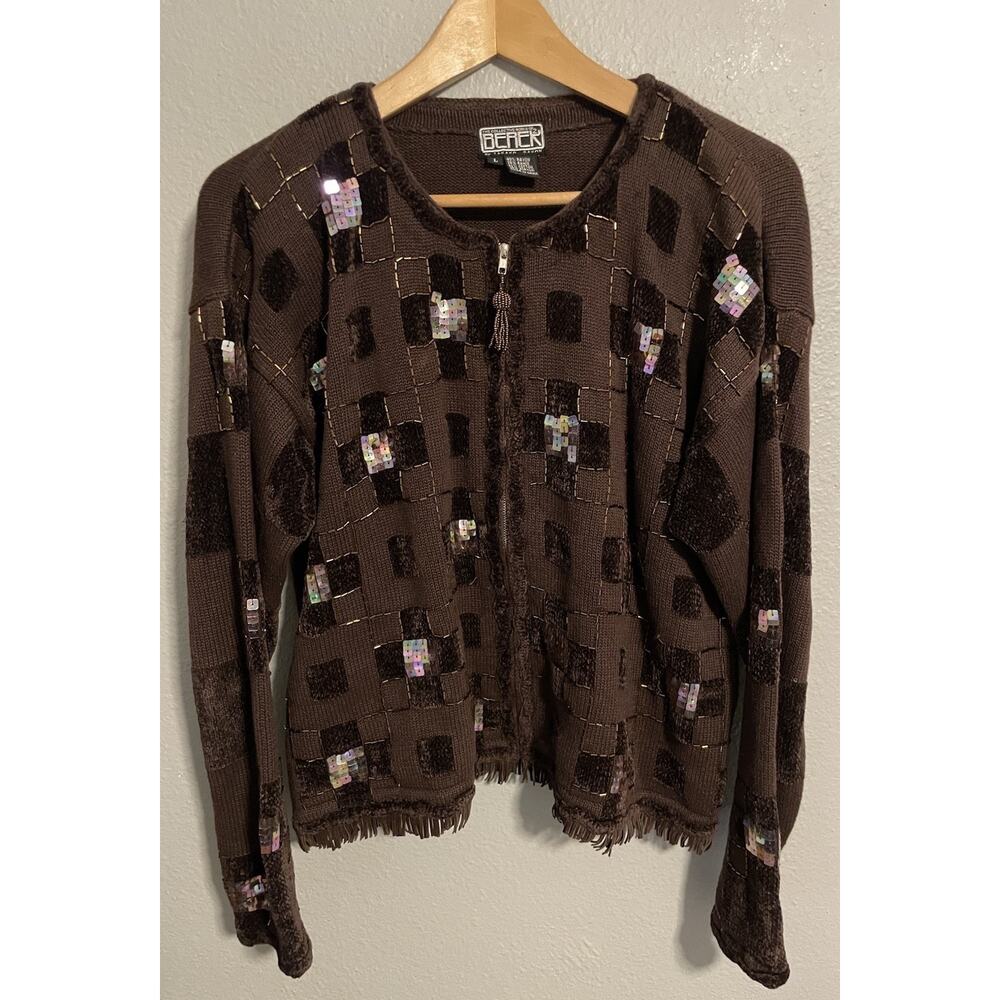 Berek Womens Sweater Large Brown Knit Full Zip Beaded Sequin Long Sleeve Artsy